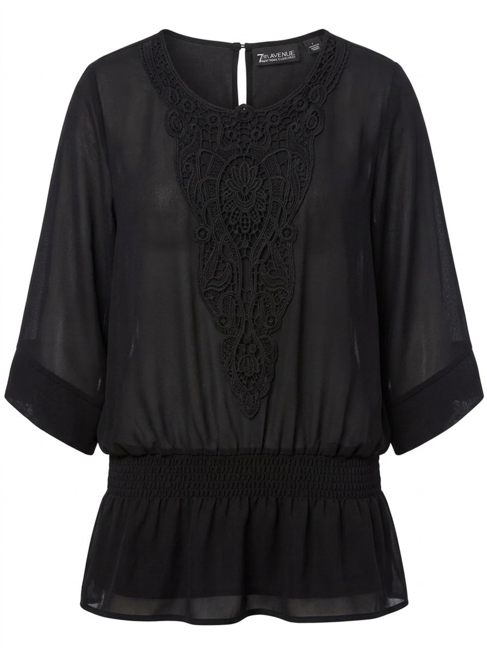New York & Company Black Crochet Yoke Peasant Top, size L
